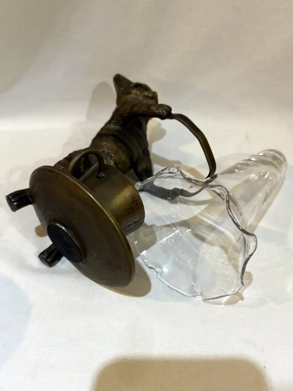Cast Iron Cat Holding Clear Glass Vase